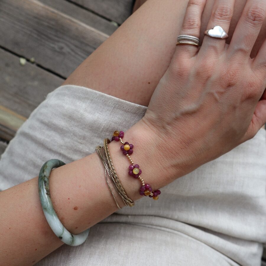 Ruby and Tiger's eye beaded flower bracelet