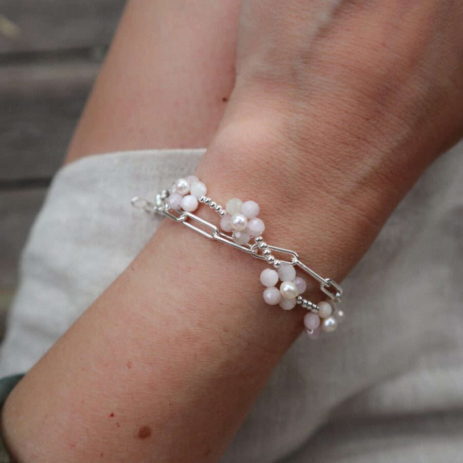 Kunzite and Pearl beaded flower bracelet