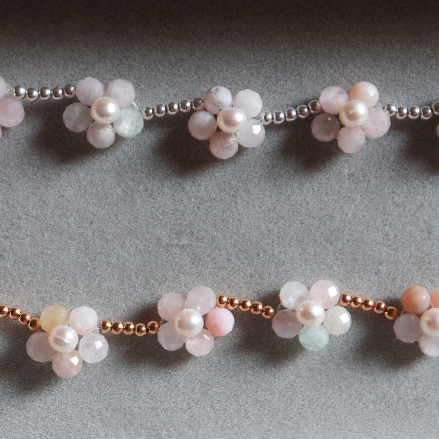 Kunzite and Pearl beaded flower bracelet