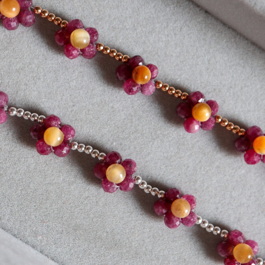 Ruby and Tiger's eye beaded flower bracelet